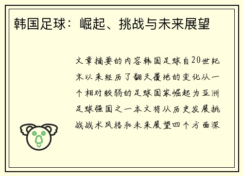 韩国足球：崛起、挑战与未来展望