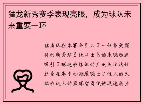 猛龙新秀赛季表现亮眼，成为球队未来重要一环